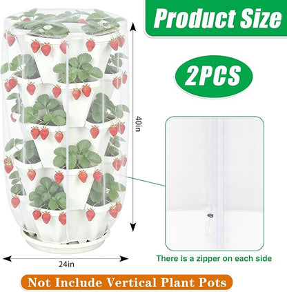 24"x40"Vertical Plant Pot Insect Netting with Zipper for Strawberry Planter | 2 Pcs Stackable 5 Tier Planter Pot Insect Mesh Protection for Herb Flower Fruit Vegetable, Front and Rear Two Zippers
