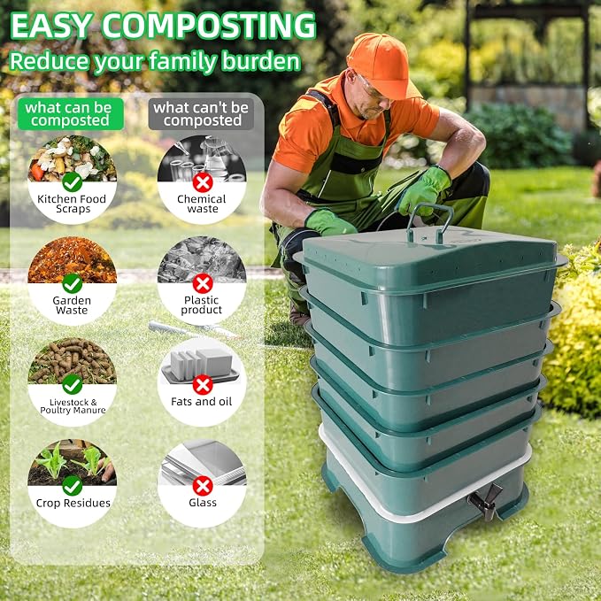 5-Tray Worm Compost Bin, Worm Composter for Outdoor & Indoor, 5-Tray ecocultivatify Wormie's Home Plus, Worm Bin Set for Recycling Household Waste (Dark Green)