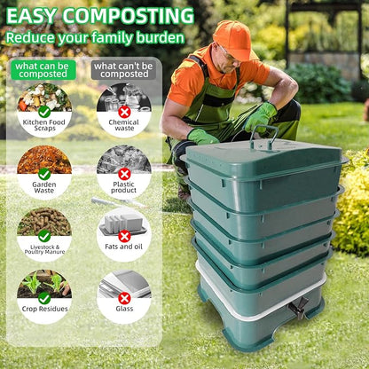 5-Tray Worm Compost Bin, Worm Composter for Outdoor & Indoor, 5-Tray ecocultivatify Wormie's Home Plus, Worm Bin Set for Recycling Household Waste (Dark Green)