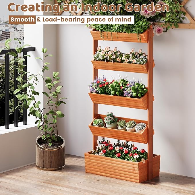 Wooden Raised Garden Bed Vertical Planter Box, Freestanding Plant Stand for Indoor Outdoor Plants, Herbs, Flowers, Vegetables, Gardening (Reddish Brown, 5-Tier，29.9 x 17.9 x 68in)