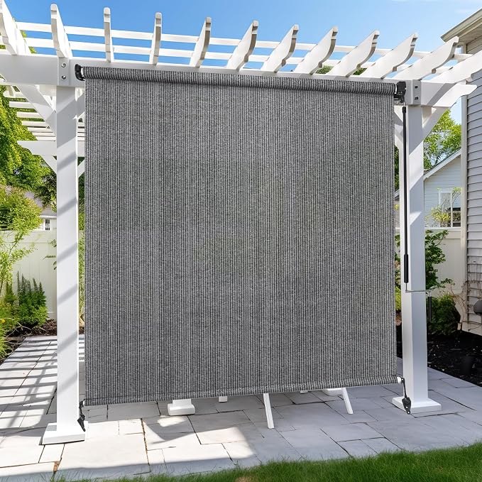 KANAGAWA Custom Size Light Grey Outdoor Roller Shade Exterior Patio Cordless Roll Up Shade for Pergola, Deck Porch Gazebo, Backyard