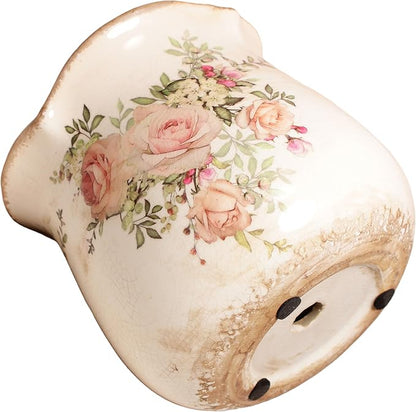 Xiaan Jiaju Ceramic Flower Vase, Rustic Farmhouse Vases & Planting Pots with Drainage, European Home Decor for Mantel Fireplace Bookshelf Wedding Centerpieces, Pink Rose Floral