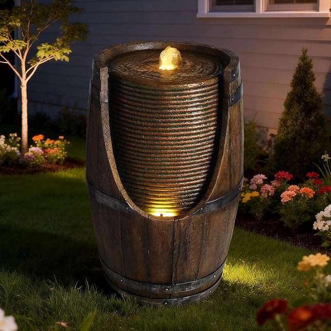 Outdoor Barrel Water Fountain with LED Lights, Rustic Wood Look Resin Waterfall Feature, Freestanding Garden Decor for Patio Yard Porch Deck Farmhouse Landscaping
