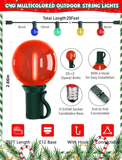 G40 LED Outdoor Christmas String Lights, 25FT Hanging Globe String Light | 25+2 Shatterproof Clear Multicolor Lights, Connectable, Waterproof Patio Lights for Balcony Pergola Decor, Green Wire