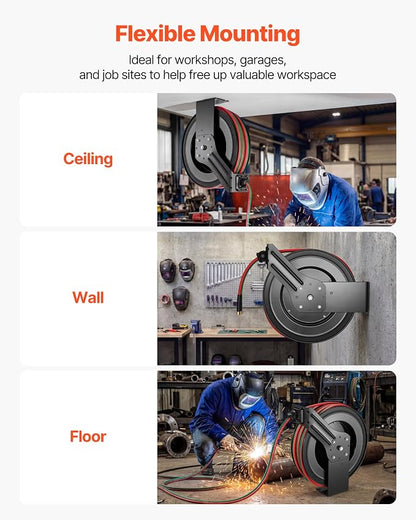 VEVOR Retractable Welding Hose Reel, 1/4 Inch x 100FT Twin Oxygen Acetylene Rubber Hose Max 300PSI - R Grade, Ceiling/Wall Mount Heavy Duty Steel Hose Reel Auto-Rewind, Ideal for Workshops Garages