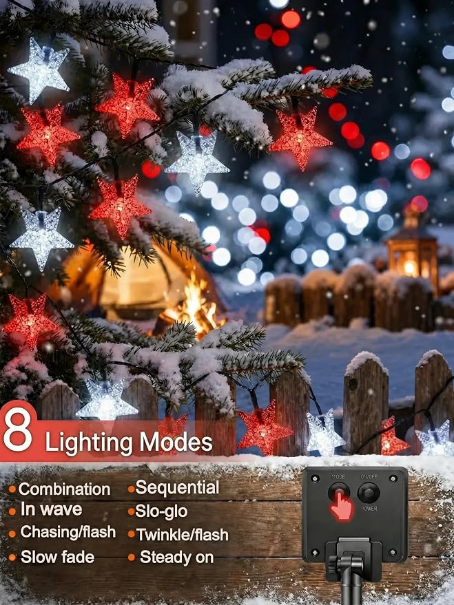Twinkle Solar Star String Lights Red White Outdoor 39FT /100 L Fairy Lights | 8 Modes Camping Garden Wedding Party Tree Holidays Backyard Patio