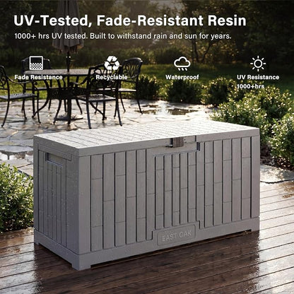 EAST OAK Outdoor Storage Box, 100 Gallon Deck Box, Waterproof Resin Storage Bench for Patio Cushions, Gardening Tools, Pool Toys, Lockable, UV Resistant, Grey