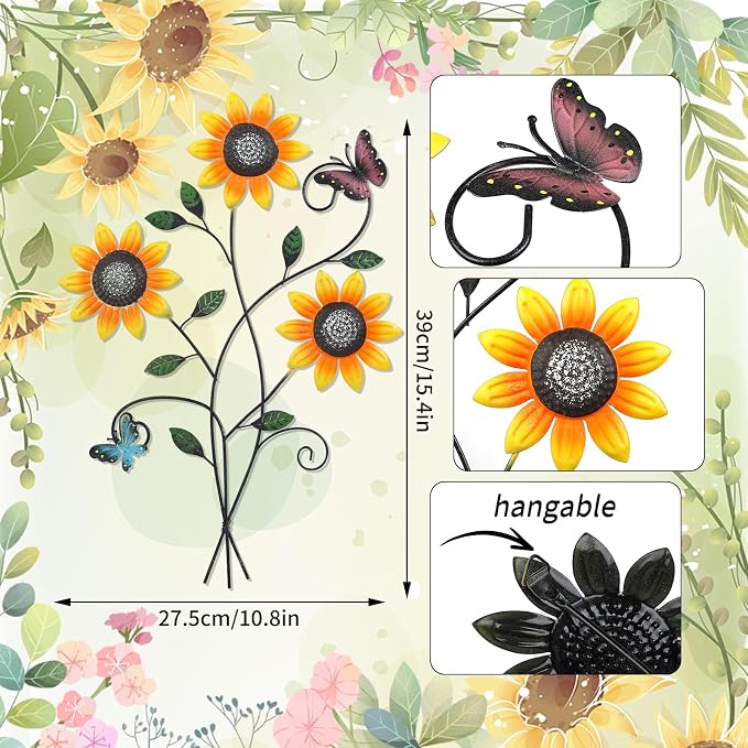 DETENE Metal Sunflower Wall Decor with Butterfly 3D Colorful Outdoor Wall Art Fence Decorations for Patio Metal Flowers Wall Hanging Ornament for Garden Porch Living Room Balcony Farmhouse (yellow-night light)