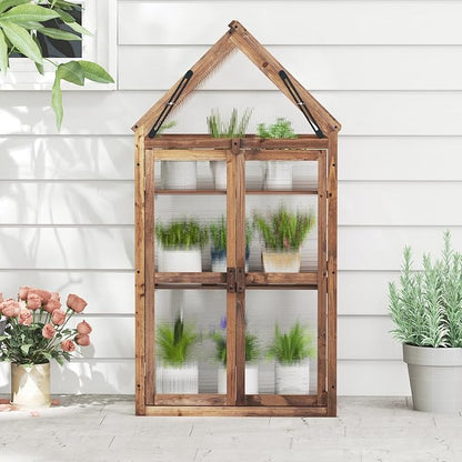 Happygrill Cold Frame, Mini Wooden Green House w/Transparent Openable Roof, Raised Flower Planter Shelf w/3 Adjustable Shelves & Polycarbonate Panels, Small Wood Greenhouse Cabinet for Indoor Outdoors