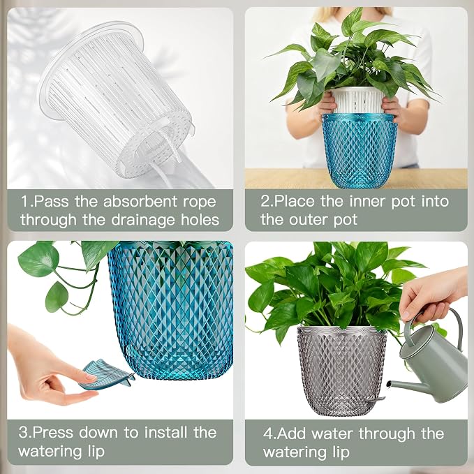 QCQHDU 2 Pack Self Watering Pots, 7.2 Inch, with Drainage Holes, Klein Blue | Plastic Garden Planter with Water Filling Port for Indoor Plants