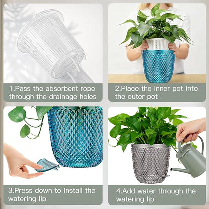 QCQHDU 2 Pack Self Watering Pots, 5.7 Inch, with Drainage Holes, Clear | Plastic Garden Planter with Water Filling Port for Indoor Plants