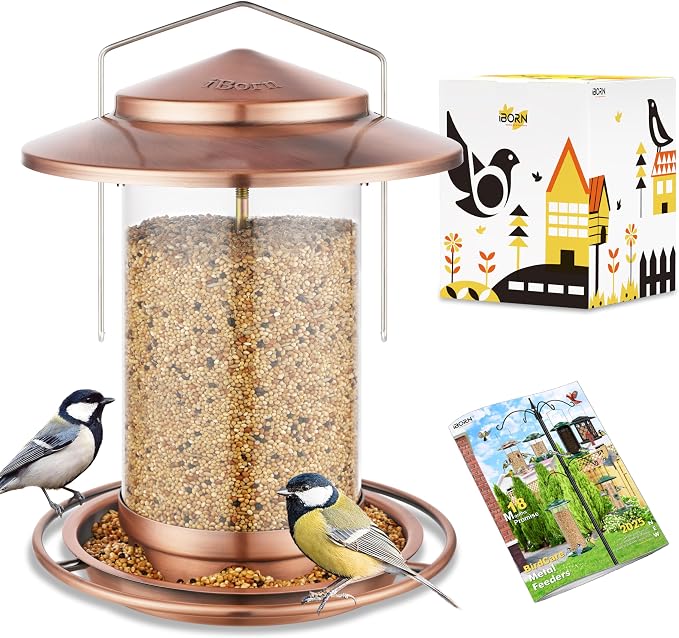 iBorn Metal Bird Feeders for Outdoors, Brushed Copper, 6 Port, 2.2LB | For Cardinal, Chew Proof, 18cm Large Roof & Tray, Hanging