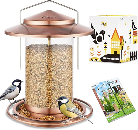 iBorn Metal Bird Feeders for Outdoors, Brushed Copper, 6 Port, 2.2LB | For Cardinal, Chew Proof, 18cm Large Roof & Tray, Hanging