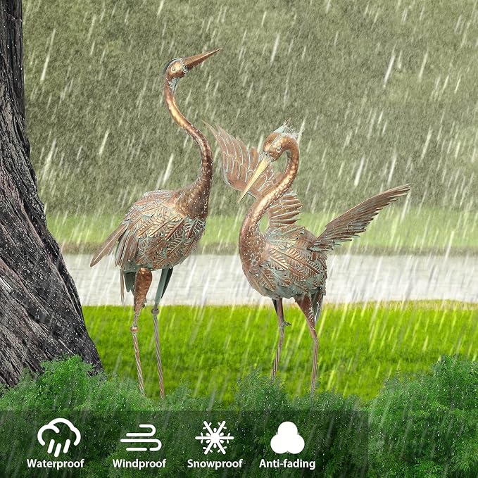 TERESA'S COLLECTIONS Garden Statues, Standing Metal Golden Heron Decoy Waterproof Outdoor Statue,33-39" Bird Yard Art for Outdoor Indoor Decorations,Outside Patio,Pool, Lawn,Set of 2,Gift for Mom