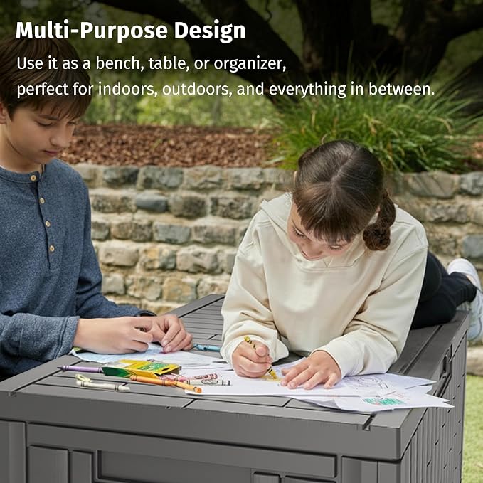 EAST OAK 120 Gallon Outdoor Storage Box | Large Resin Deck Box with Reinforced Stainless Steel Support | Waterproof & UV-Resistant Patio Storage Box for Cushions, Garden Tools & Accessories, Grey