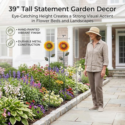 Topadorn Garden Decor for Outside, 2 Pack 39" Metal Sunflower Garden Stakes, Outdoor Yard Art Flower Stakes for Lawn, Patio & Flower Beds