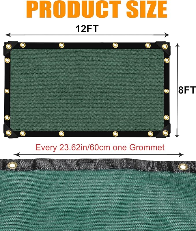 90% Green Heavy Duty Shade Cloth for Garden,Sun Screen Fabric 12 X 8FT | Sun Shades Netting Outdoor Patio with Grommets, Mesh Tarp Cover for Plant, Porch, Pergola, Greenhouse, Backyard &Outdoor Use