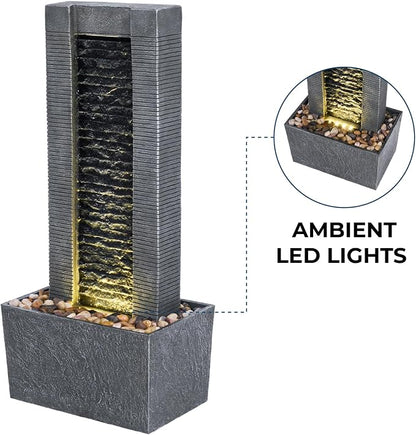 Teamson Home 29.25" Demeter Indoor/Outdoor Modern Waterfall Fountain with LED Lights, Black and Stone Gray | LED Lights, Waterfall Fountain, Garden, Patio, and Backyard Decor, Black and Stone Gray
