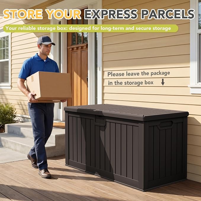 240 Gallon HDPE Deck Box Outdoor Indoor Waterproof Storage Box for Patio Furniture, Pool Accessories, Garden Tools, and Cushion Storage, Brown