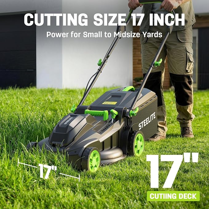STEELITE 40V(2x20V) 17-inch Electric Lawn Mower, 12-Inch Cordless String Trimmer and 500CFM Leaf Blower Combo, Cordless Lawn Mower Set with 3x4.0Ah Batteries and Dual Chargers