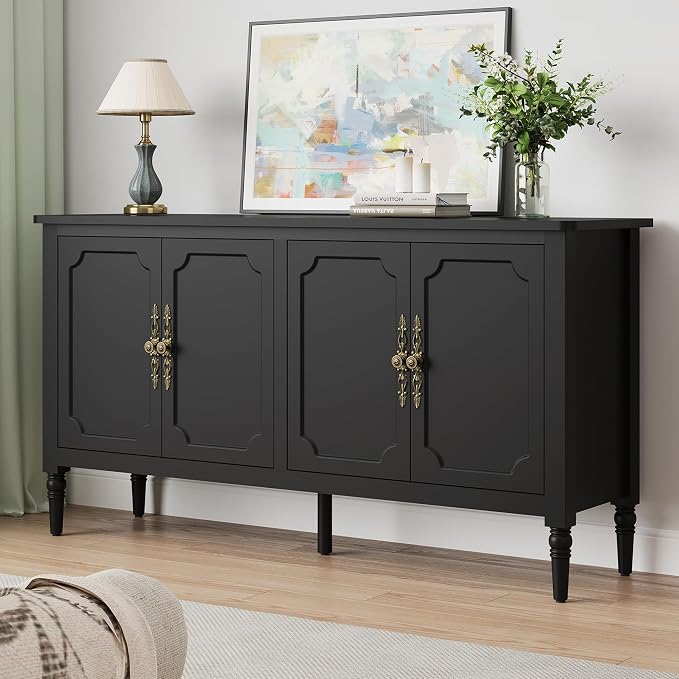 RoyalCraft Buffet Cabinet with Storage, 59" Vintage Sideboard with Adjustable Shelves, Mid Century Modern Painted Credenza Coffee Bar for Kitchen, Dining Room, Entryway, Living Room, Satin Black