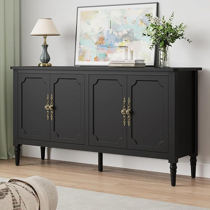 RoyalCraft Buffet Cabinet with Storage, 59" Vintage Sideboard with Adjustable Shelves, Mid Century Modern Painted Credenza Coffee Bar for Kitchen, Dining Room, Entryway, Living Room, Satin Black