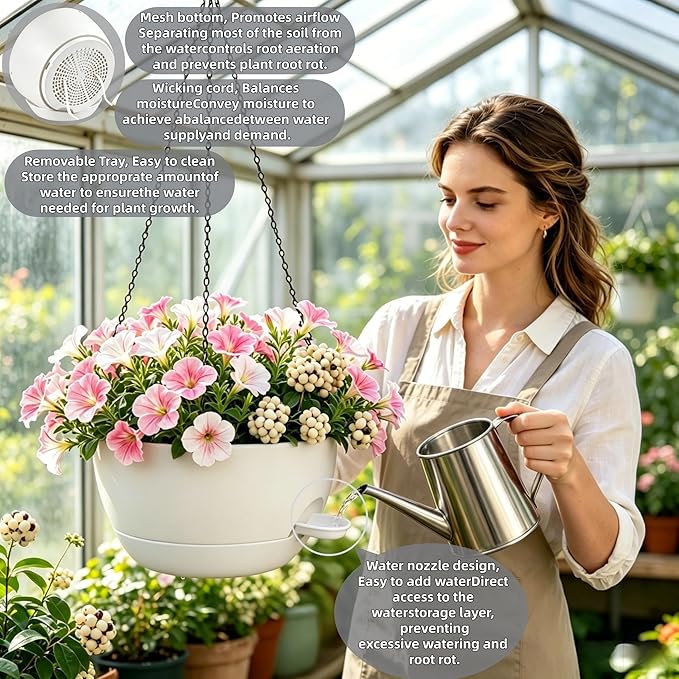 2 Pack 10 Inch Self Watering Hanging Planters for Indoor Plants, Large White Plastic Hanging Pots with Chains for Outdoor Patio Garden Home Decor (White)