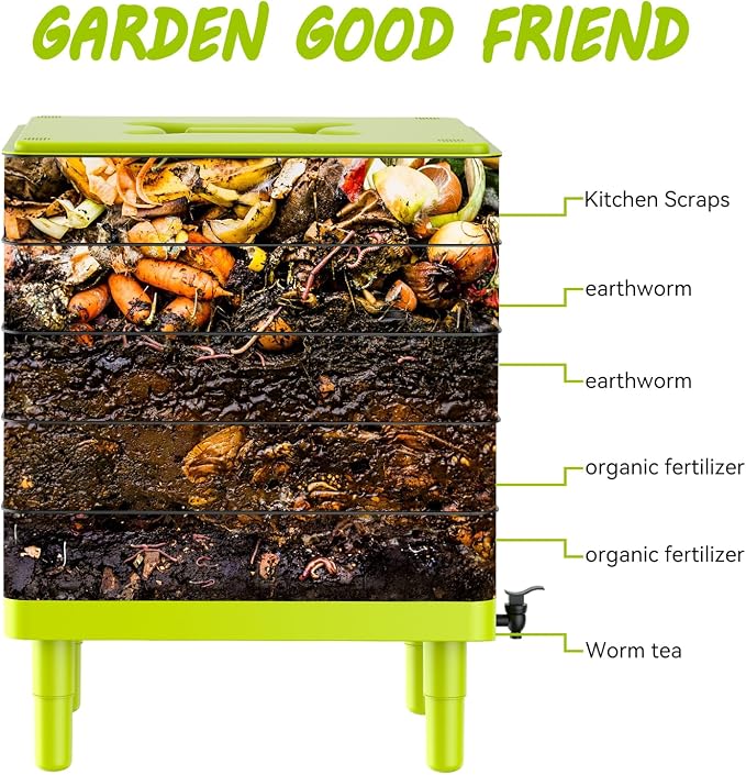 5-Tray Worm Composter,100L WormCompost Bin for Vermicomposting Starter, Indoor & Outdoor Worms Farm Composting Bin, Worm Compost Bin for Recycling Food Waste (Black)