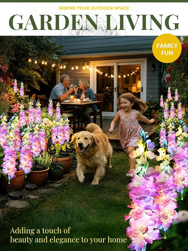 GIGALUMI Solar Lights Outdoor for Garden Decor, 3 Pack Solar Flower Lights Waterproof, 2 Lighting Modes Delphinium for Pathway,Yard, Patio, 4th of July Decoration, Gifts for Women (Pink)