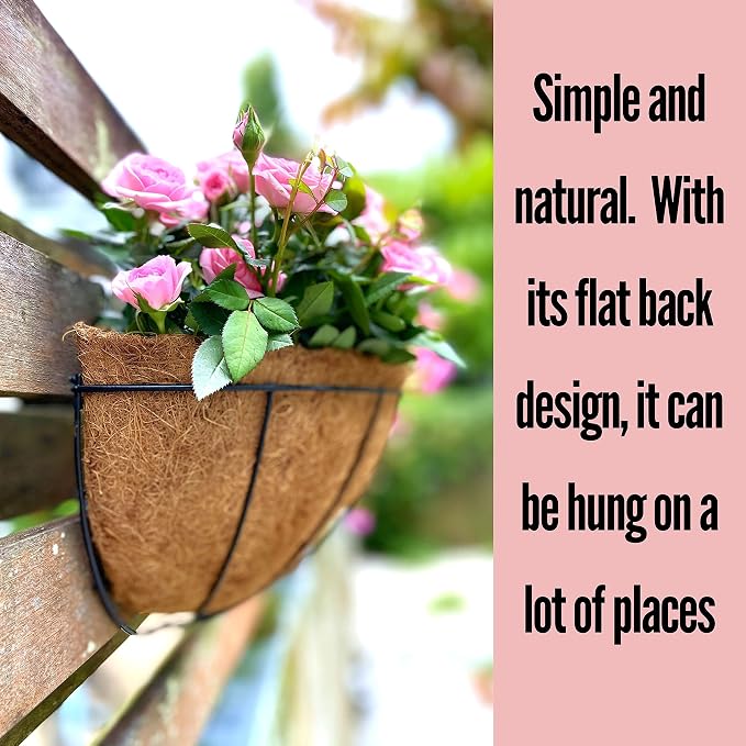 LaLaGreen Wall Hanging Planters for Plants (12 Inch, 6 Pack) Wall Mounted Flower Baskets with Coco Liner, Black Metal Iron Wire Plant Holder for Outdoor Fence Railing Outside Deck Porch Balcony Garden