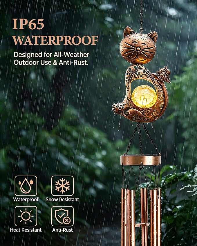 Nacome Cat Wind Chimes Outdoor Indoor: Weatherproof Metal Outdoor Decor Easy Hanging for Garden Patio Tree Window - Melodious Mother's Day Birthday Gifts for Mom Women Mom Grandma Her Wife