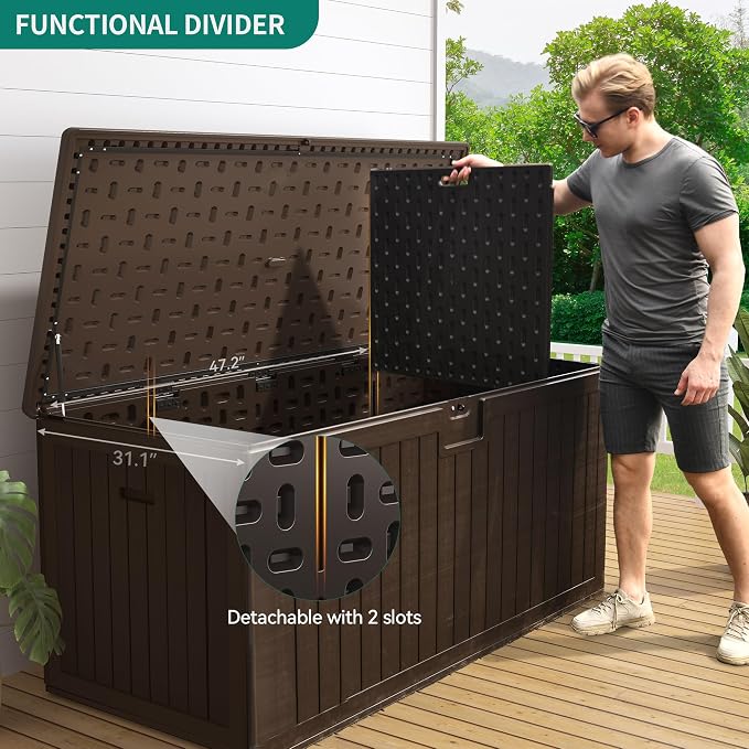 YITAHOME 260 Gallon Double-Wall Deck Box with Divider & Side Handles | Outdoor Large Storage for Patio Furniture Cushions, Garden Pool Accessories, Water Resistant & Lockable