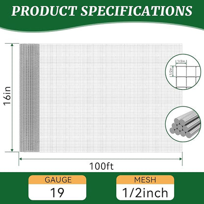 16in x 100ft 19 Gauge Hardware Cloth 1/2 Inch Mesh Roll - Galvanized Chicken Wire Fencing for Garden Fence, Poultry Netting, Gopher Barrier, Animal Cage Screen, Chicken Wire Craft Projects