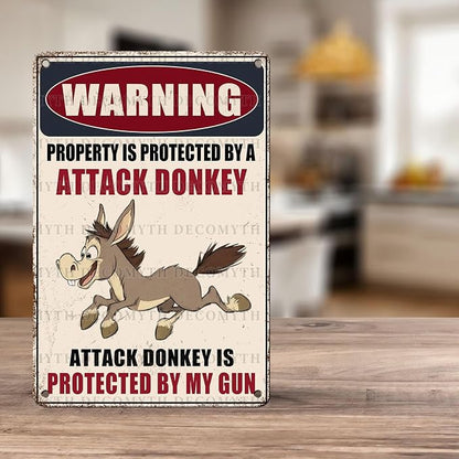 Metal Tin Sign Vintage Retro Wall Decor Warning Beware of Donkey Property Is Protected By a Attack Donkey Funny Tin Sign for Home Backyard Garden Patio 12 * 8inch