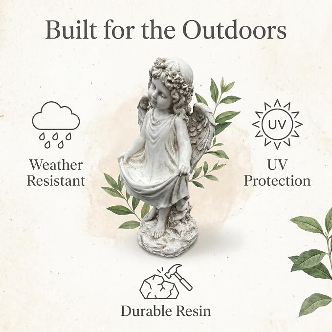 21" Tall Weathered White Angel Cherub Garden Statue, Resin Vintage Dress Sculpture Figurine, All Weather Indoor Outdoor Decor for Yard Lawn Patio Backyard Memorial