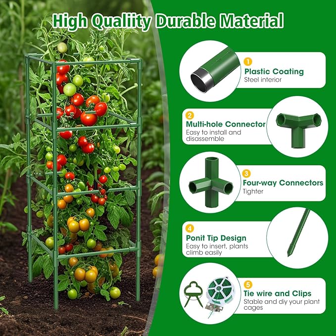 3 Pack Tomato Cages, 42 Inch Square Tomato Cage for Raised Garden Bed, Rust-Proof Sturdy Tall Tomato Trellis Supports for Climbing Plants Outdoor with Clips Wire