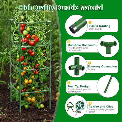 3 Pack Tomato Cages, 42 Inch Square Tomato Cage for Raised Garden Bed, Rust-Proof Sturdy Tall Tomato Trellis Supports for Climbing Plants Outdoor with Clips Wire