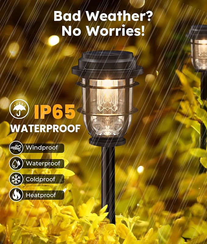 Vuees 6-Pack Solar Pathway Lights, 3-in-1 Design Outdoor Garden Patio Decor | 3000K warm glow, stake, tabletop or hanging setup, no wiring, rain-ready build, walkway, poolside and deck placement