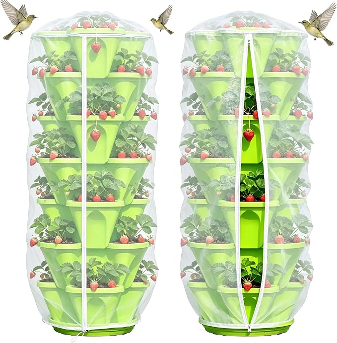 2 Pcs Vertical Plant Pot Insect Netting with Zipper, 59 x 32.4 Inch Garden Netting 7 Tier Stackable Strawberry Planter Cover Bird Barrier Protection Mesh for Tomato Flower Strawberry