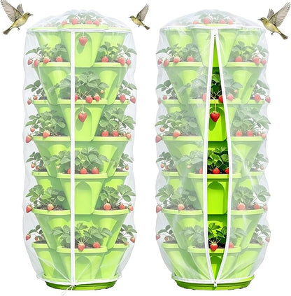 2 Pcs Vertical Plant Pot Insect Netting with Zipper, 59 x 32.4 Inch Garden Netting 7 Tier Stackable Strawberry Planter Cover Bird Barrier Protection Mesh for Tomato Flower Strawberry