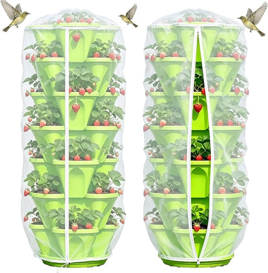 2 Pcs Vertical Plant Pot Insect Netting with Zipper, 59 x 32.4 Inch Garden Netting 7 Tier Stackable Strawberry Planter Cover Bird Barrier Protection Mesh for Tomato Flower Strawberry