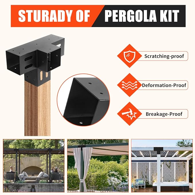 2 Pcs 4"x 4" Pergola Brackets(Actual Fit : 3.6“x3.6“) Post | 4-Way 90° Right Angle Corner Bracket|DIY Pergola Kit with Black Powder Support Gazebos|Patio PergolasCoated