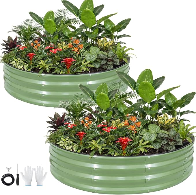 Galvanized Raised Garden Bed Outdoor 2Pcs | 4x4x1ft Metal Raised Beds for Gardening with Safety Rubber Strip | Round Planter Box for Plants Like Vegetables Fruits Flowers, Olive Green