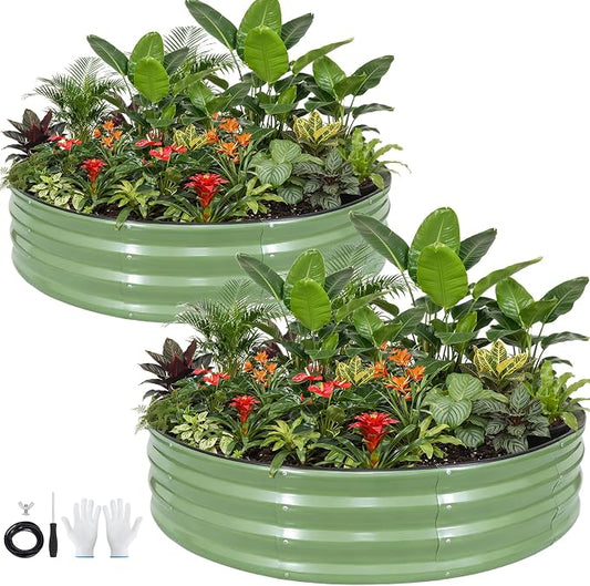 Galvanized Raised Garden Bed Outdoor 2Pcs | 4x4x1ft Metal Raised Beds for Gardening with Safety Rubber Strip | Round Planter Box for Plants Like Vegetables Fruits Flowers, Olive Green