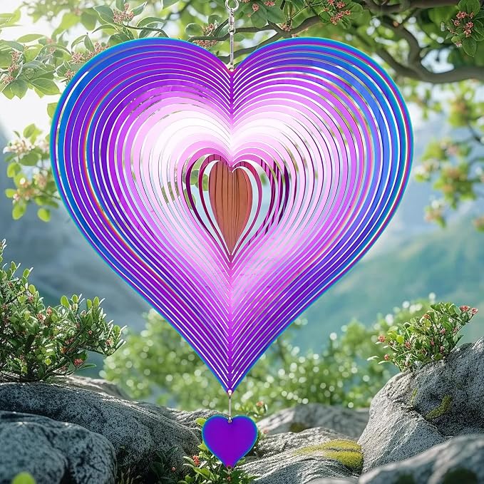 Stainless Steel Wind Spinner Outdoor Garden Decor, Gifts for Women Mom, 3D Metal Reflective Hanging Wind Spinners Sculpture for Outside Patio Garden Yard Porch Decorations (Colorful Heart, 12 Inch)