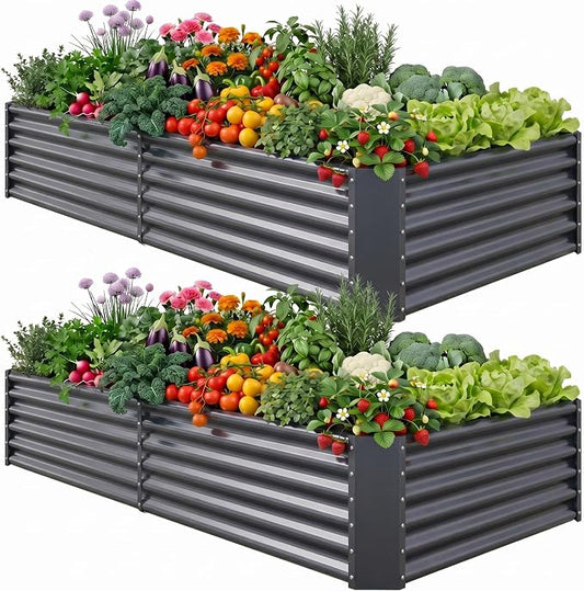 AHEONLAR 2 Pack 8×4×1.5ft Galvanized Raised Garden Beds Outdoor, Rectangle Sturdy and Durable Planter Boxes for Vegetables, Fruits, Flowers and Plants, Easy Assembly, Grey