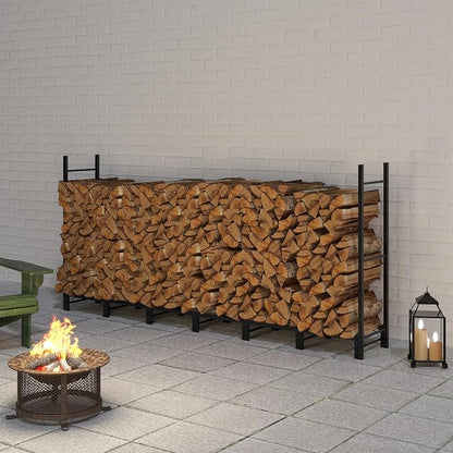 Helios&Hestia 8Ft Outdoor Firewood Rack for Fireplace, Heavy Duty Steel Log Holder, Indoor Wood Pile Storage Organizer, Adjustable Stacker Stand, Black