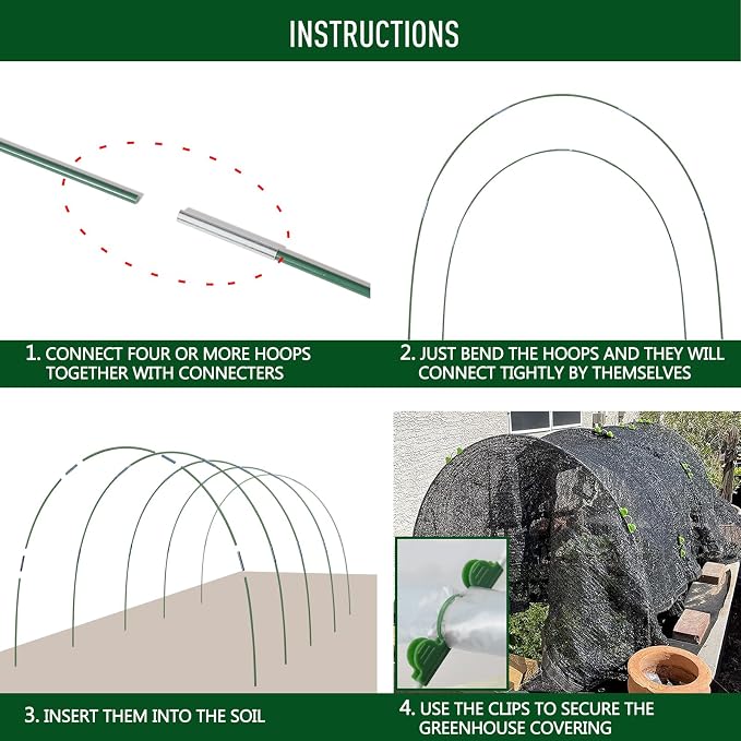 MAXPACE Greenhouse Hoops Kit, DIY 8ft Grow Tunnel, Fits Raised Garden Beds 2.7ft Wide & Up, 50 Pcs Rust-Proof Fiberglass Frame Support Rods for Row Cover, Shade Cloth, Frost Netting & Plant Stakes