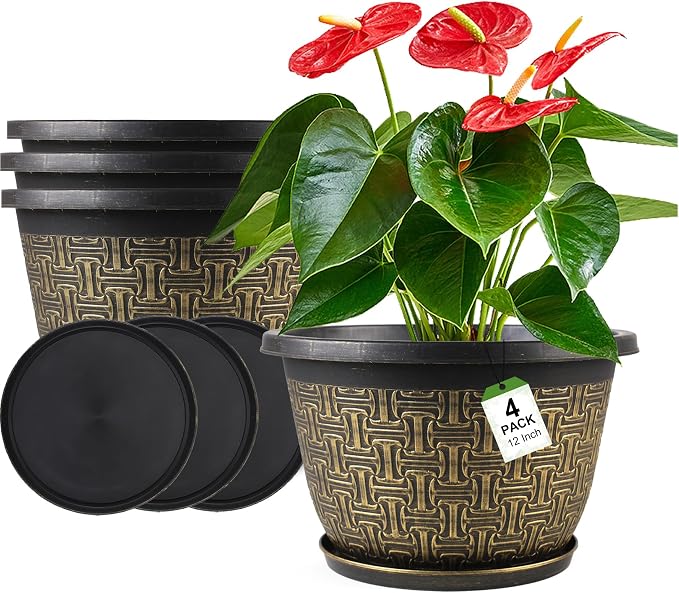 Nooulap 4 Pack 12 Inch Plant Pots,Large-Plant-Flower-Planters-Plastic, Flower Pots Outdoor Indoor with Drainage Holes & Trays, Retro Antique Imitation Decorative Garden Sets for Houseplants