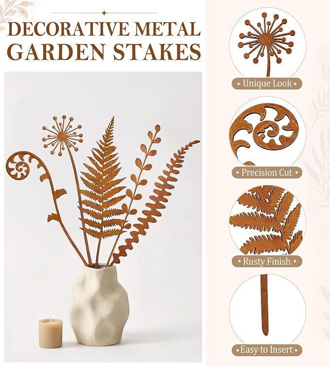VIS'V Decorative Garden Stakes, Metal Fern Plant Yard Art Stakes, 5 Pcs | 15.7 In Length, Pre-rusted Finish, Rusty Art Decor for Outdoor Indoor